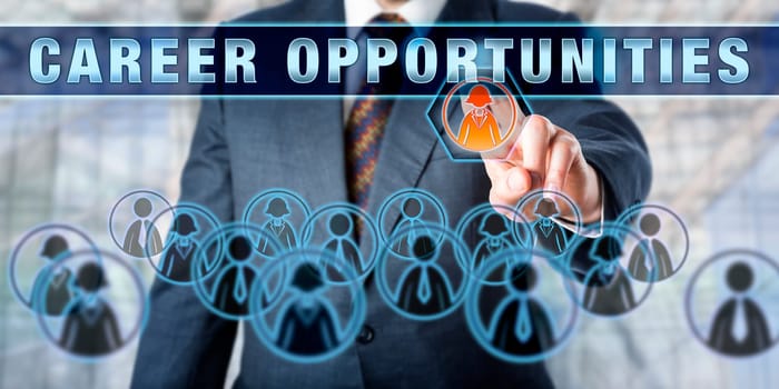 Business manager is touching CAREER OPPORTUNITIES on an interactive control screen. Business metaphor involving personal development, employment, globalization, technology and recruitment.