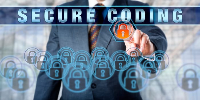 Enterprise software developer is touching SECURE CODING on an interactive control screen. Business metaphor and information technology concept for computer security and defensive programming.