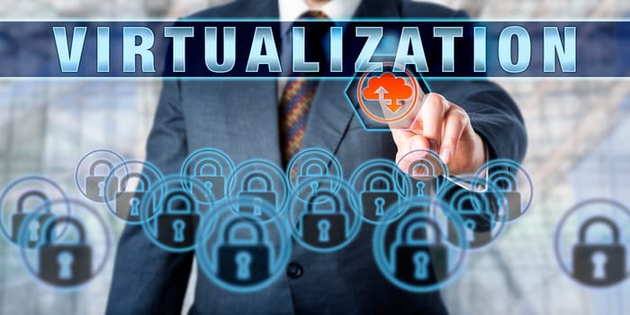 Enterprise client is touching VIRTUALIZATION on an interactive control screen. Business services metaphor. Computing terminology and information technology concept for virtual storage solutions.