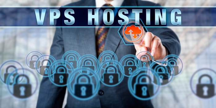 Corporate customer is pushing VPS HOSTING on an interactive visual display. Business services metaphor and computer network security concept. Acronym for Virtual Private Server Hosting.