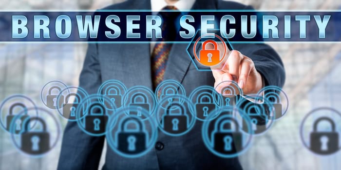 Corporate manager is pressing BROWSER SECURITY on an interactive touch screen. Business challenge metaphor. Information technology concept for computer network security and web security.