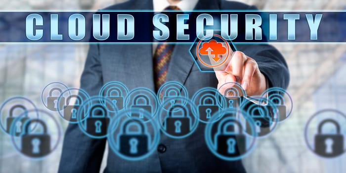 Enterprise manager pushing CLOUD SECURITY on an interactive touch screen interface. Business services metaphor. Information technology concept for computer security, network and information security.