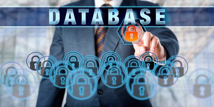 Corporate manager is touching DATABASE on an interactive control screen. Business organization metaphor and information technology concept for data collection, storage, retrieval and management.