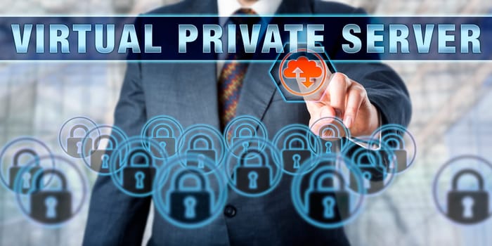 Business manager is pushing VIRTUAL PRIVATE SERVER on an interactive touch screen. Business services metaphor. Information technology concept for web hosting services and computer network security.