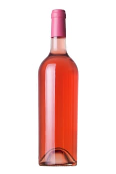 Rose wine bottle without label and pink cap isolated on white background.