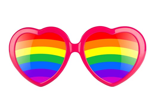 LGBT concept. A pair of pink heart shaped sun glasses with rainbow lenses isolated