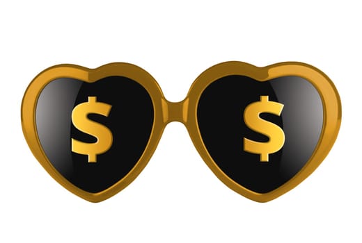 A pair of golden heart shaped sun glasses with solar signs on lenses isolated