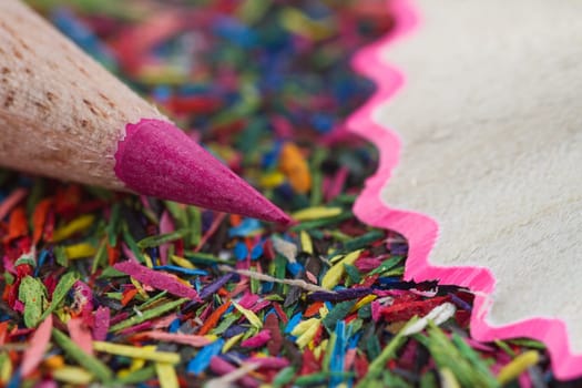 Macro of a the tip of pink pencil near wooden shavings