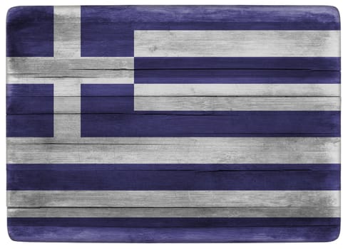horizontal front view 3d illustration of an Greece flag on wooden cooking textured board