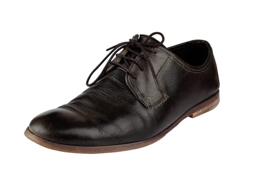 Horizontal side view of an elegant old black leather shoe isolated on white background