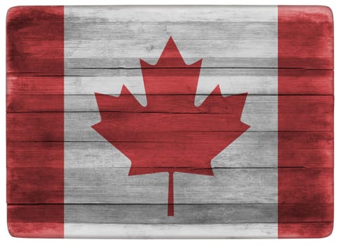 horizontal front view 3d illustration of an Canada flag on wooden cooking textured board