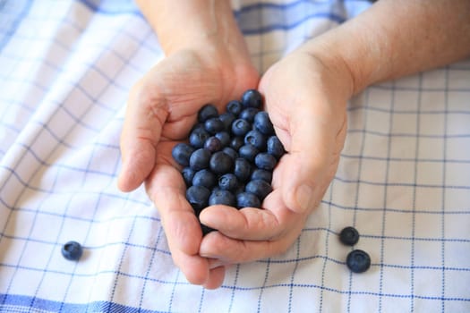 A man holds blueberries in both his hands over a dish towel.