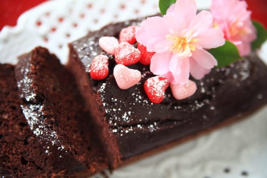 Chocolate loaf cake decorated with powdered sugar, candy hearts and fresh camellias