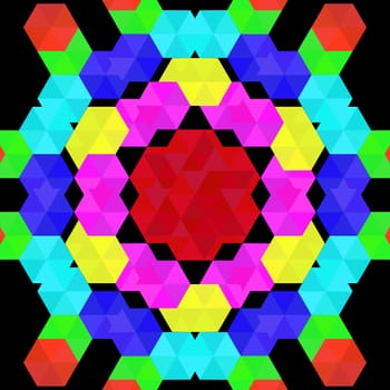 Colorful geometric pattern of hexagons in rainbow colors on black background