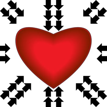 Big red heart with arrows on white background