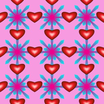 Seamless pattern with hearts and flowers on pink background
