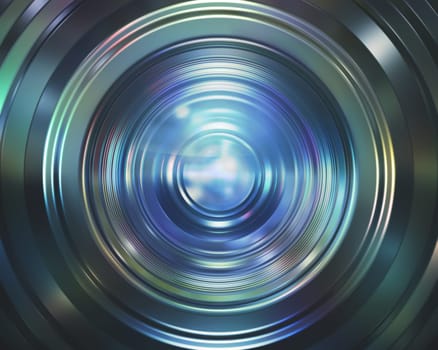 Camera lens reflecting the colored lights.