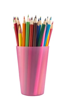 Many drawing pencils in a pink transparent cup isolated on white