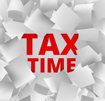 3d illustration concept for tax time with falling papers and red words behind