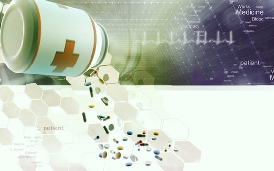 Digital illustration of capsule bottle in colour background