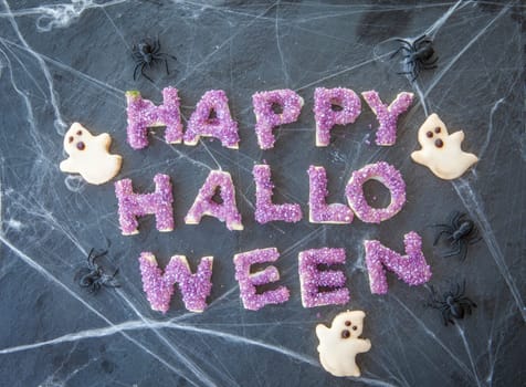 Happy Halloween lettering with cookies in the spider web