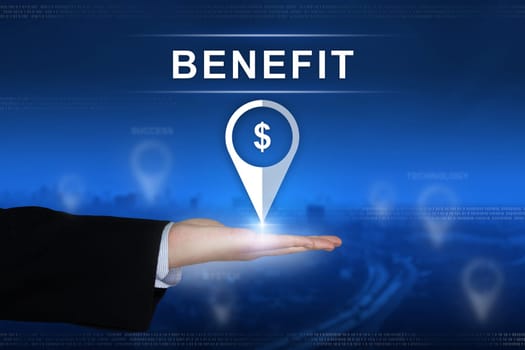 benefit button with business hand on blurred background