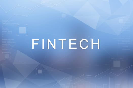 Fintech or financial technology word on blue blurred and polygon background