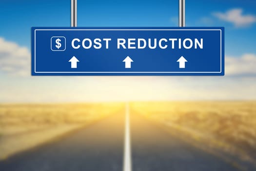 cost reduction words on blue road sign with blurred background