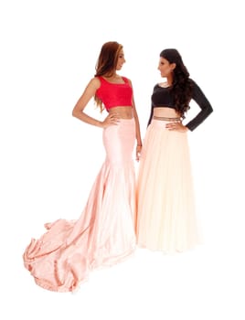 A two lovely woman standing in long pink skirts hugging each other.isolated for white background..
