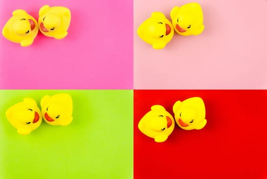 Photo Collage of Pair of yellow rubber ducks isolated over colorful background, love concept
