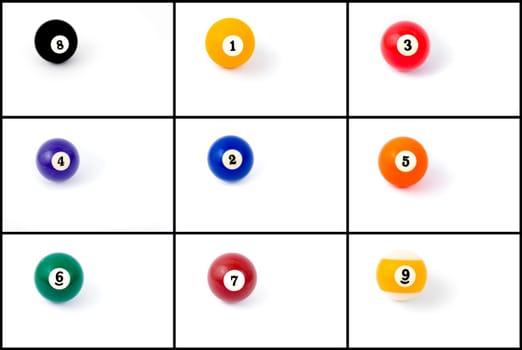 Photo collage of billiard balls from one to nine isolated on white background
