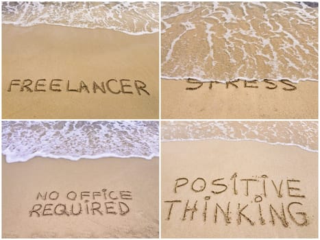 Photo collage of relaxation messages written on sand. Freelancer, No Stress, No Office Required, Positive Thinking