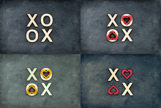 Photo collage of Vintage chalkboards with text XOXO (kisses & hugs) created of wood letters, letters O covered with red heart shape symbols, love concept