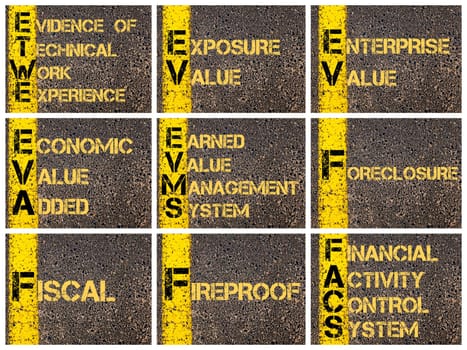 Photo collage of Business Acronyms written over road marking yellow paint line. ETWE, EV, EVA, EVMS, FACS