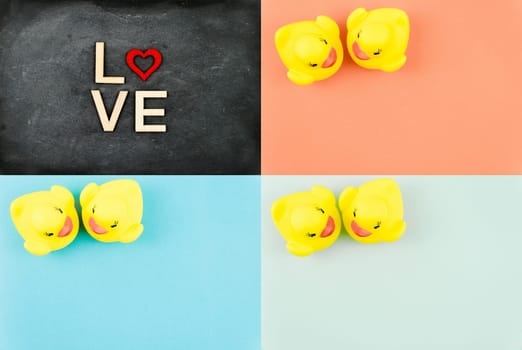 Photo Collage of Pair of yellow rubber ducks isolated over colorful background, love concept