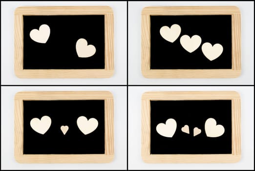Photo Collage of Vintage Chalkboards with wooden frame isolated on white, craft heart shapes, creativity and love concept