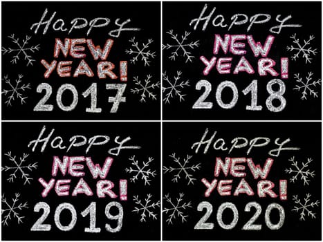 Happy new year 2017, 2018, 2019, 2020, hand writing with chalk on blackboard, vintage concept. Photo collage