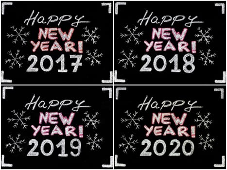 Happy new year 2017, 2018, 2019, 2020, hand writing with chalk on blackboard, vintage concept. Photo collage