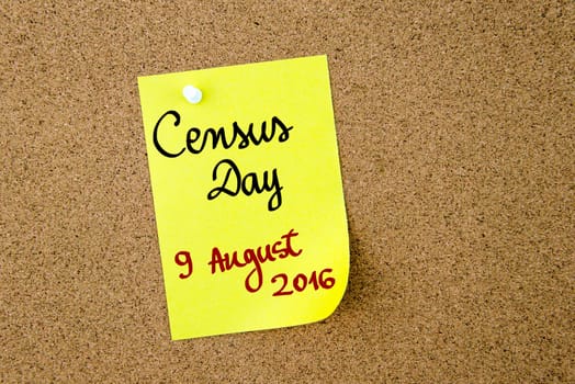 Census Day 9 August 2016, Australia written on yellow paper note pinned on cork board with white thumbtacks, copy space available