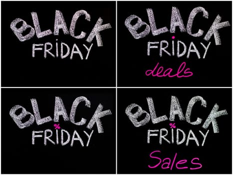 Photo collage of Black Friday advertisement handwritten with chalk on blackboard, Black Friday sale concept
