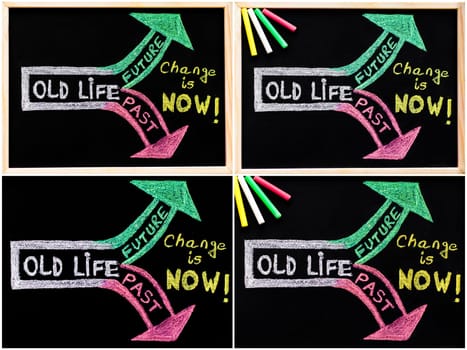 Photo collage of conceptual images with message Change is now, handwriting with chalk on blackboard, colored chalk in the corner, lifestyle change concept