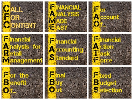Photo collage of Business Acronyms written over road marking yellow paint line. CFC, FAME, FAO, FARM, FAS, FATF, FBO, FBO, FBS