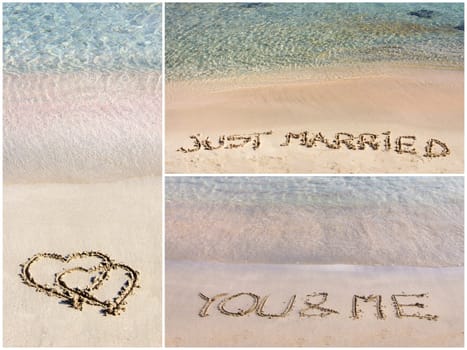 Photo collage of wedding messages written on sand. Pair of hearts, Just Married, You and Me