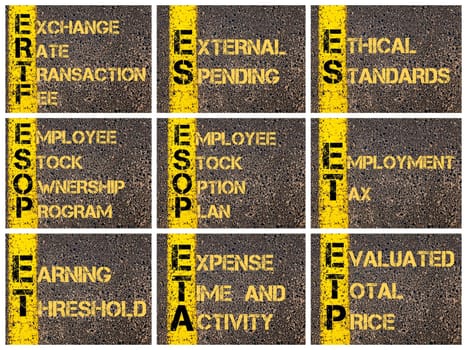 Photo collage of Business Acronyms written over road marking yellow paint line. ERTF, ES, ESOP, ET, ETA, ETP