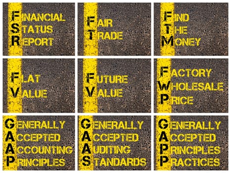 Photo collage of Business Acronyms written over road marking yellow paint line. FSR, FT, FTM, FV, FWP, GAAP, GAAS, GAPP