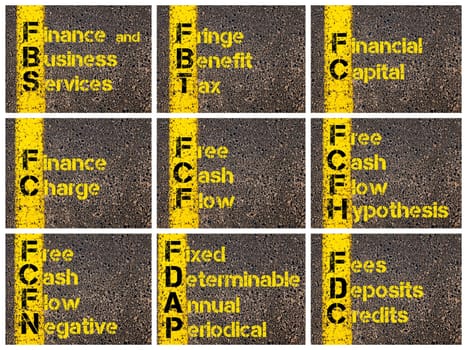 Photo collage of Business Acronyms written over road marking yellow paint line. FBS, FBT, FC, FCF, FCFH, FCFN, FDAP, FDC