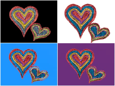 Conceptual image of love, with two vivid color shape hearts close one to each other .Vintage hand drawing on blackboard, love concept, copy space available. Photo collage