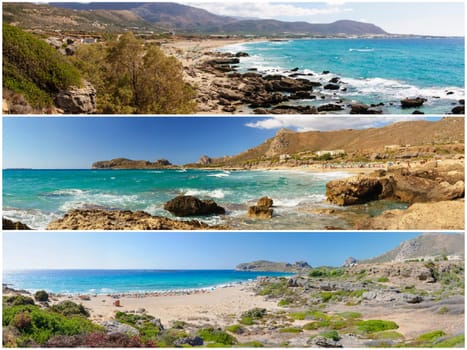 Photo collage of panoramic landscapes from Falassarna beach, Crete island, Greece