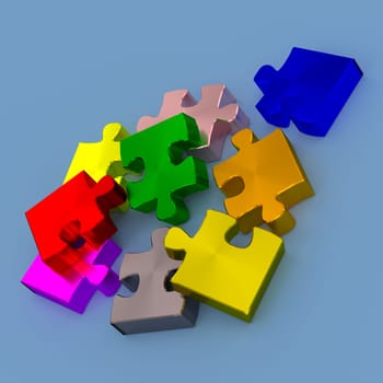 Colorful pieces of puzzle on a blue background, 3d rendering