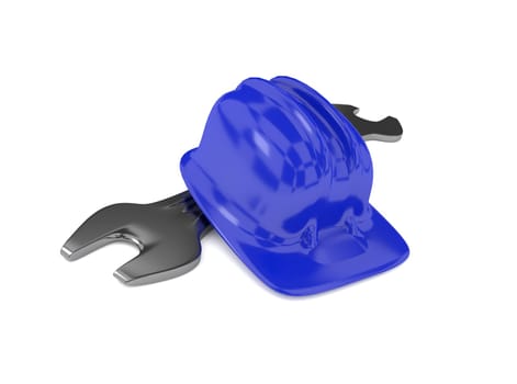 Blue Construction helmet with a wrench on a white background, 3d rendering